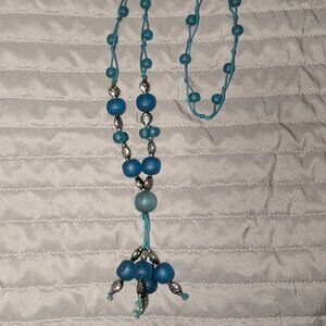 $1 with Bundle ~ Teal Blue Frosted Bead Knotted Cord Lariat Necklace 6303